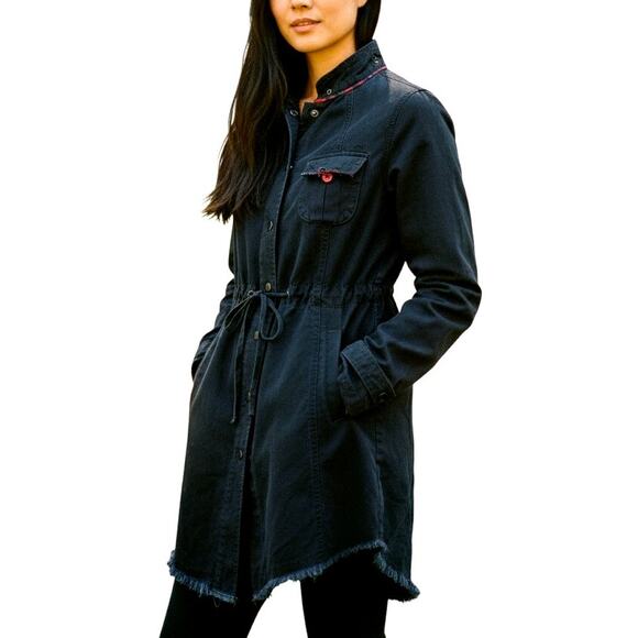 Free People 100% Cotton Utility Jacket Size 8 Navy Blue Tie at Waist Snap Button - Picture 1 of 10